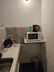 un micro-ondes posé sur une étagère dans une cuisine dans l'établissement departamentos temporarios corrientes, à Corrientes