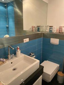 a bathroom with a sink and a toilet and a mirror at bei Tante Tina in Bad Bergzabern +2 photos