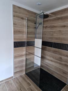 サン・タマン・モンロンにあるgrand Studio 2 personnesのシャワー(木製の壁、ガラスドア付)