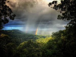 a rainbow in the sky over a forest at The Den of the Treehouse in The Pocket