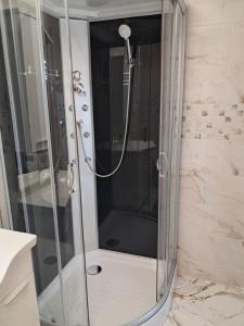 a shower with a glass door in a bathroom at Apartments Mara Bela in Karlobag +63 photos