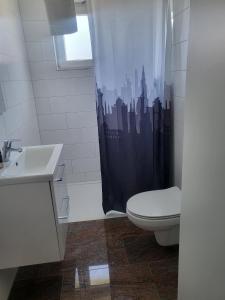 ein Badezimmer mit Toilette und Duschvorhang in der Unterkunft Monteurwohnungen Distelfeld in Saarbrücken