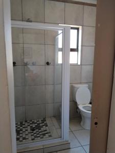 a bathroom with a shower and a toilet at Reis n Rus in Harrismith