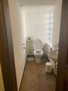 a small bathroom with a toilet and a sink at Beige Villa at East Legon ANC in Accra