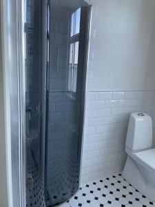 a shower with a glass door in a bathroom at Silbernagel Villa in Kuressaare +5 photos