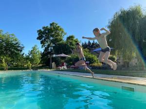 two young boys jumping into a swimming pool at Vakantiehuis La Poire, op landgoed aan de Dordogne in Prudhomat +27 photos