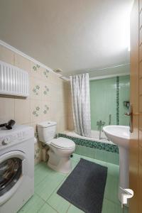 une salle de bain avec toilettes et lavabo et une machine à laver dans l'établissement P Deluxe Suites A4, à Néa Michanióna