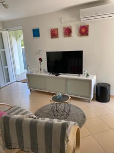 a living room with a large flat screen tv at Apartman Igor in Čižići