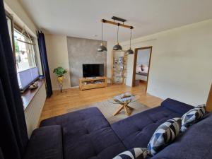 a living room with a blue couch and a tv at Haus Monika in Zeltingen-Rachtig