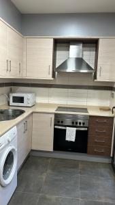 a kitchen with a stove and a sink and a microwave at APARTAMENTO EN OLVAN b3 ALBERGA in Olvan