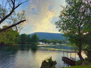 a boat on a river with trees on the shore at Unique Una in Ripač