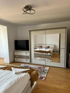 a bedroom with a mirror and a bed and a tv at Casa Conti in Sibiu
