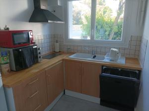 eine Küche mit Spüle und Mikrowelle in der Unterkunft plain pied proche de la plage in Saint-Georges-de-Didonne