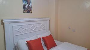 a bedroom with a white bed with red pillows at Gany Home Vibes - Comfy 1-bedroom apartment in Nairobi with Parking and Netflix - TRM drive in Nairobi