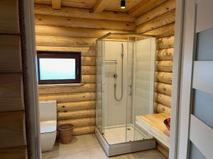 a bathroom with a shower and a toilet at Domek nad jeziorem Agnieszka i Radek Sieczkowscy in Harsz +11 photos