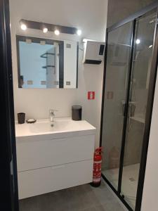 een badkamer met een wastafel en een glazen douche bij EnJOY Zee en uitzicht op Hinterland Westende in Middelkerke