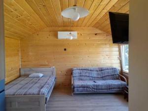 a room with two beds and a tv in it at Domek nad stawem in Udryń