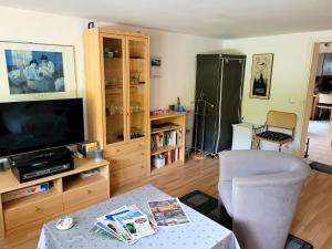 a living room with a television and a chair at Ferienwohnung Brixius in Koblenz