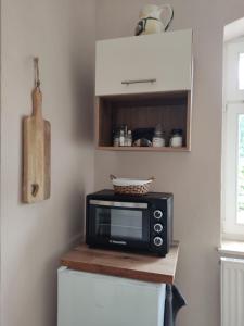 a microwave sitting on top of a counter in a kitchen at Pension Grenzeck in Bad Schandau