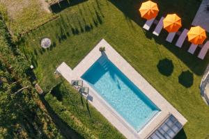 an overhead view of a swimming pool with two umbrellas at ANTON Nature Hideaway in Natz-Schabs