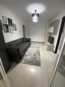 a living room with a couch and a television at Ostro Two Bedrooms in Râmnicu Vâlcea