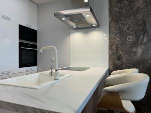 une cuisine avec un évier et une cuisinière four supérieur dans l'établissement Stylish 1Bed Apartment for 4 guests in Sofia, à Sofia 46 autres photos