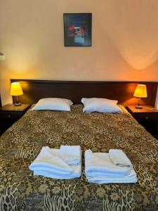 ein Schlafzimmer mit einem Bett mit zwei weißen Handtüchern darauf in der Unterkunft Villa Rila Borovets with Hot Pool, Jacuzzi & Sauna by BookVillaBG in Borowez