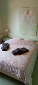 una camera da letto con un letto con due asciugamani sopra di Villa spacieuse à Agde avec piscine privée, idéale pour familles a Cap d'Agde