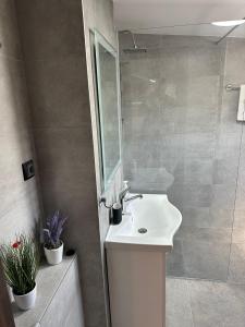 a bathroom with a white sink and a shower at M3-Kraljevo in Kraljevo +7 photos
