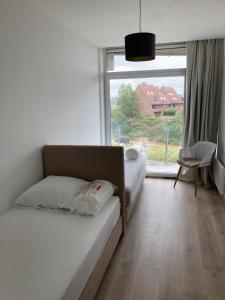 une chambre avec deux lits et une grande fenêtre dans l'établissement Casa Babette, à La Panne