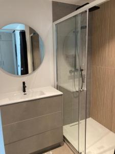 une salle de bain avec une douche, un lavabo et un miroir dans l'établissement Casa Babette, à La Panne