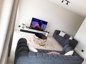 a living room with two couches and a tv at The Blyde Crystal Lagoon Penthouse in Avondzon