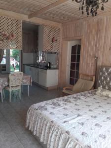 a bedroom with a large bed and a kitchen at Apartment Aloe in Jūrmala