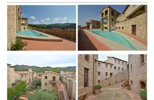 un gruppo di quattro foto di un edificio con piscina di House in Tuscany - Casa La Scala a Gaiole in Chianti Altre 23 foto