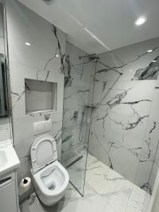 a bathroom with a toilet and a walk in shower at Joal Rooms in Sarandë