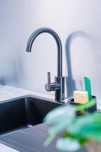 eine Küchenspüle mit einem Wasserhahn mit einem Stück Käse in der Unterkunft Montevrain disney 10mn Parking privé in Montévrain + 14 Fotos