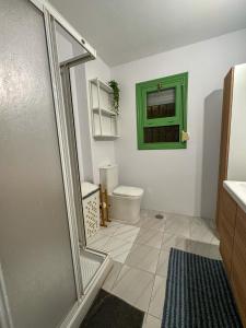 a bathroom with a toilet and a green window at Casita Helena in Torrox