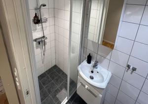 a small bathroom with a sink and a shower at Studio apartment in Sogndal
