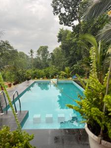 a swimming pool in a resort with trees in the background at Samrudhi Farm Resort in Kannādi