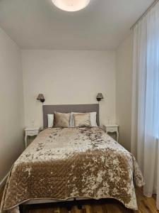 a bedroom with a large bed with two tables at Suncity apartamentai in Šiauliai +2 photos