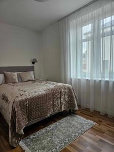 a bedroom with a bed and a large window at Suncity apartamentai in Šiauliai