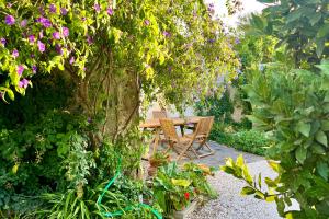 una mesa de madera y sillas bajo un árbol en un jardín en B&B Dimora Orrù, en Cabras