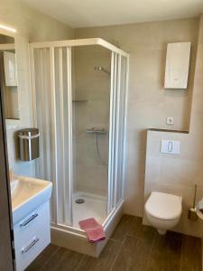 アルテンアウにあるHaus Wilmaのシャワー、トイレ、洗面台を備えたバスルーム +26枚の写真