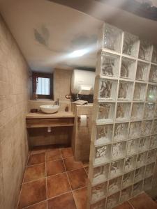 a bathroom with a sink and a wall with glass shelves at Ca la Marta in Santa Liña