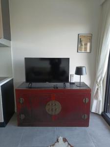 een rode kast met een flatscreen-tv bij EnJOY Zee en uitzicht op Hinterland Westende in Middelkerke +13 foto's