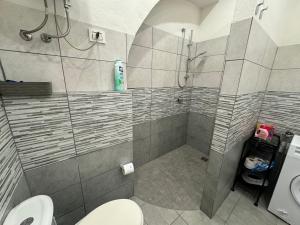a bathroom with a shower with a toilet and a sink at Meghan Home in Catania