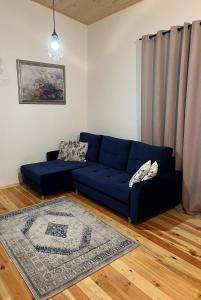 eine blaue Couch in einem Wohnzimmer mit einem Teppich in der Unterkunft Sielsko Anielsko in Grodzisk