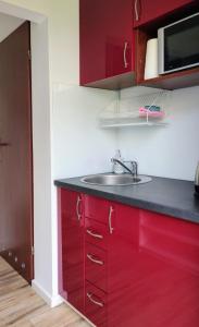 a kitchen with red cabinets and a sink at Domki na Wodnej in Kołobrzeg +16 photos
