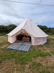 哈佛威斯特Nolton Coast Bell Tents的田野上带床垫的白色帐篷