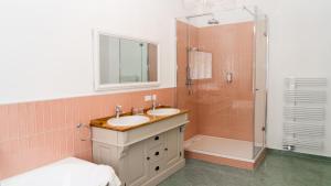 a bathroom with a sink and a shower at Hotel Schloss Sigrön in Bad Wilsnack +22 photos